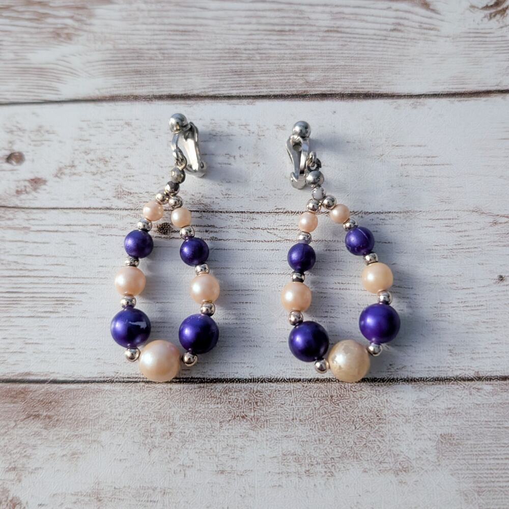 Vintage Clip On Earrings Faux Pearl & Purple Long Dangle - Fair Condition